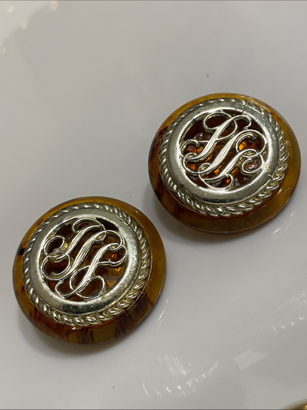 VTG Monogrammed Tortoisewave Button Earrings with Silver Accent